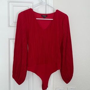 Express Red Pleated Long Sleeve V-Neck Bodysuit